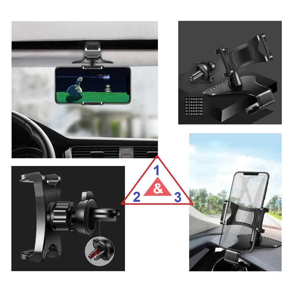 3 in 1 Car GPS Smartphone Holder: Dashboard / Visor Clamp   AC Grid Clip for Sharp 550SH - Black