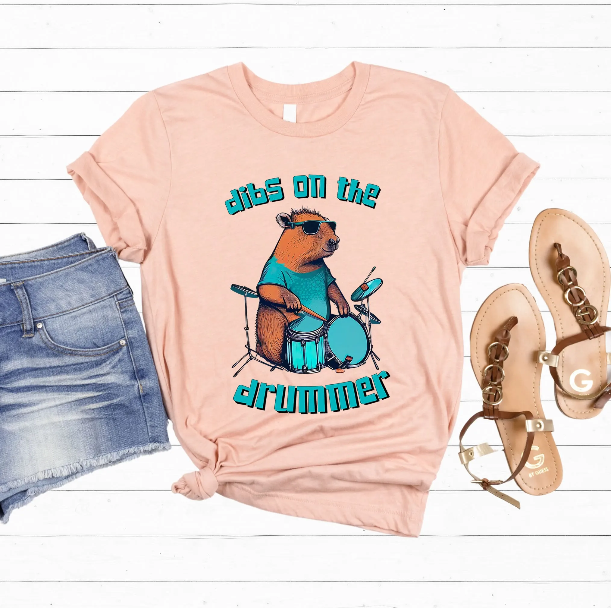Dibs On The Drummer Capybara Shirt | Capybara Lover Gift For Her | Drummer Gift | Unisex Jersey T-shirt