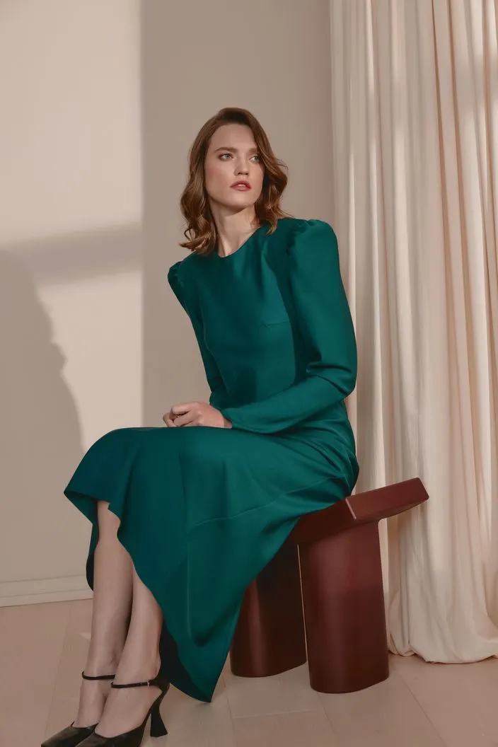 Estella Elegant High Neck Long Sleeves Green Evening Dress