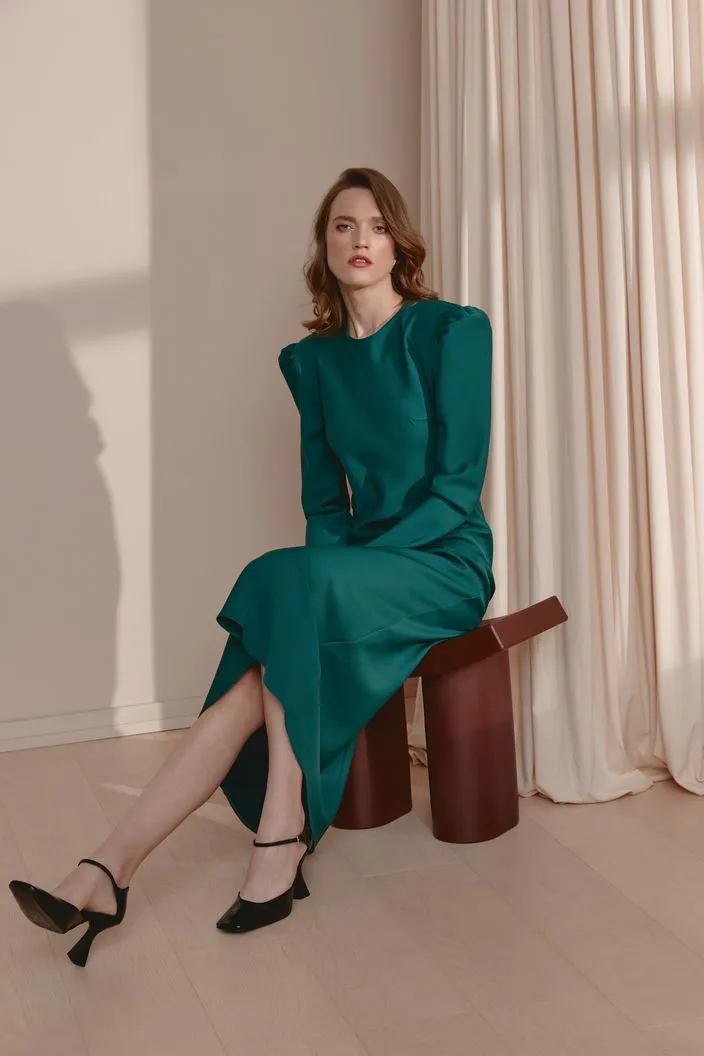 Estella Elegant High Neck Long Sleeves Green Evening Dress