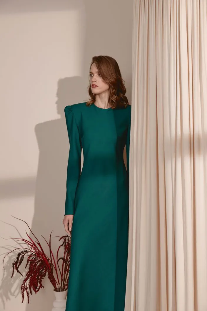 Estella Elegant High Neck Long Sleeves Green Evening Dress