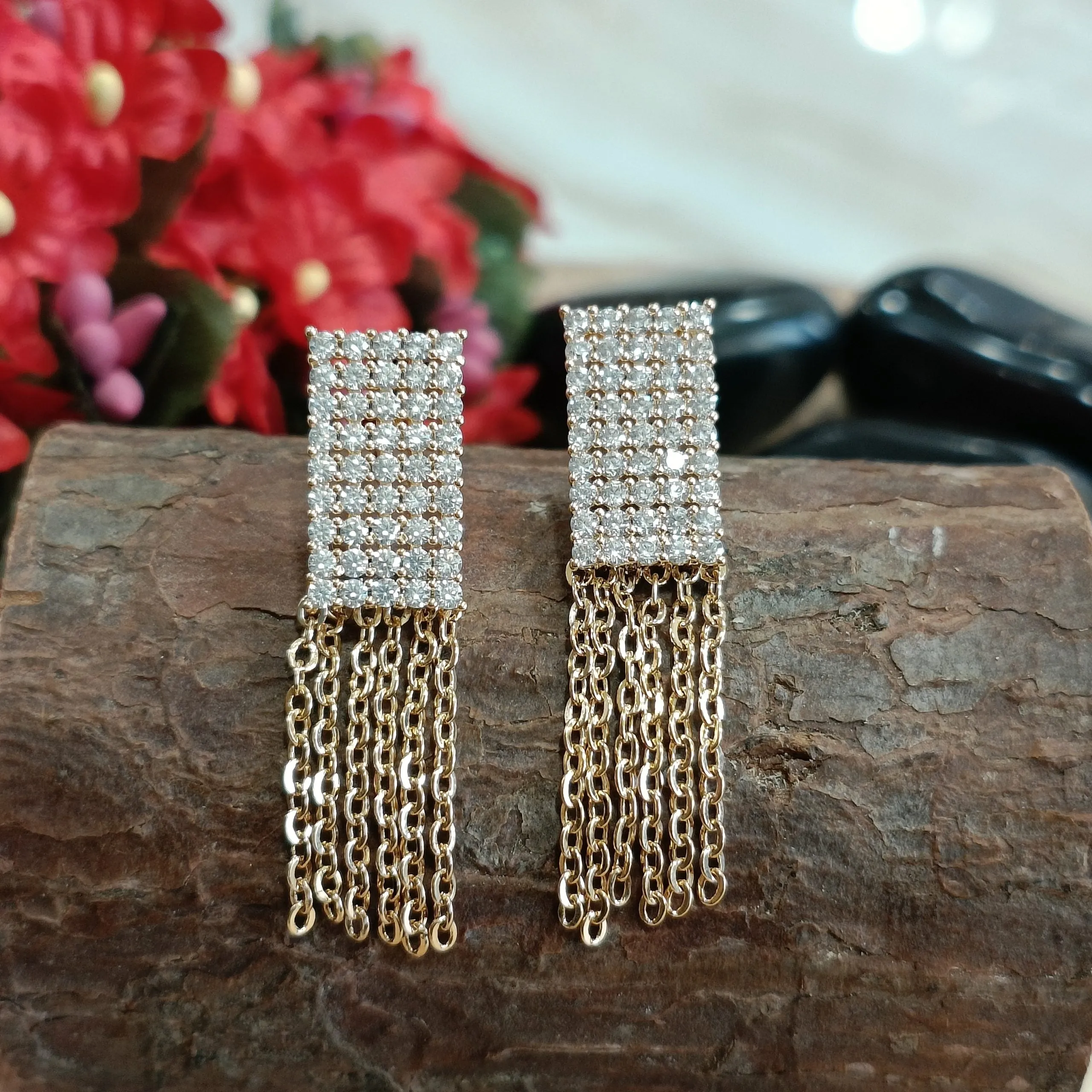 Gold Plated Geometric Shaped Sterling CZ With Droplet Chain Drop Earring