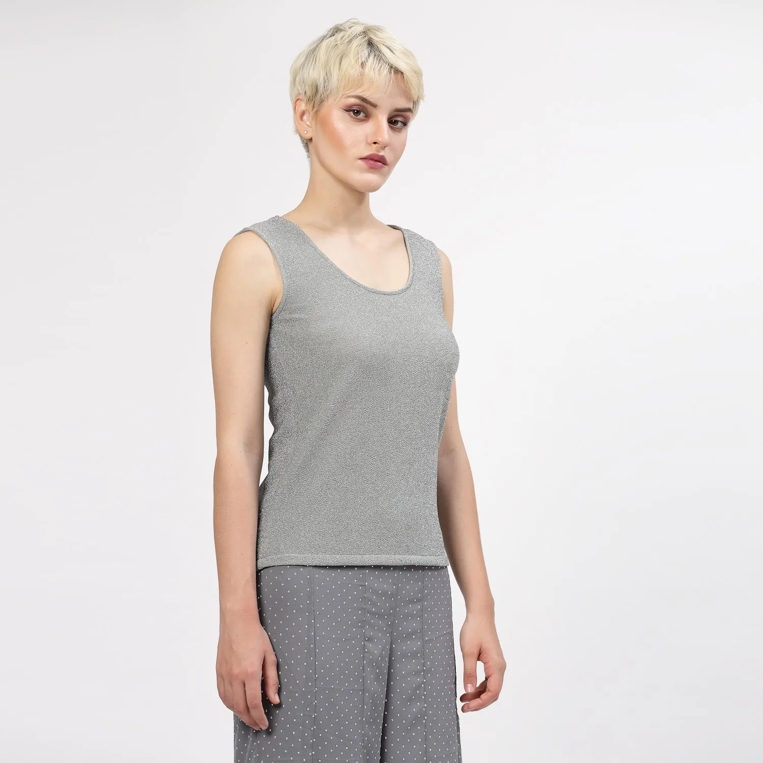 Grey Shimmer Without Sleeves Lycra Top