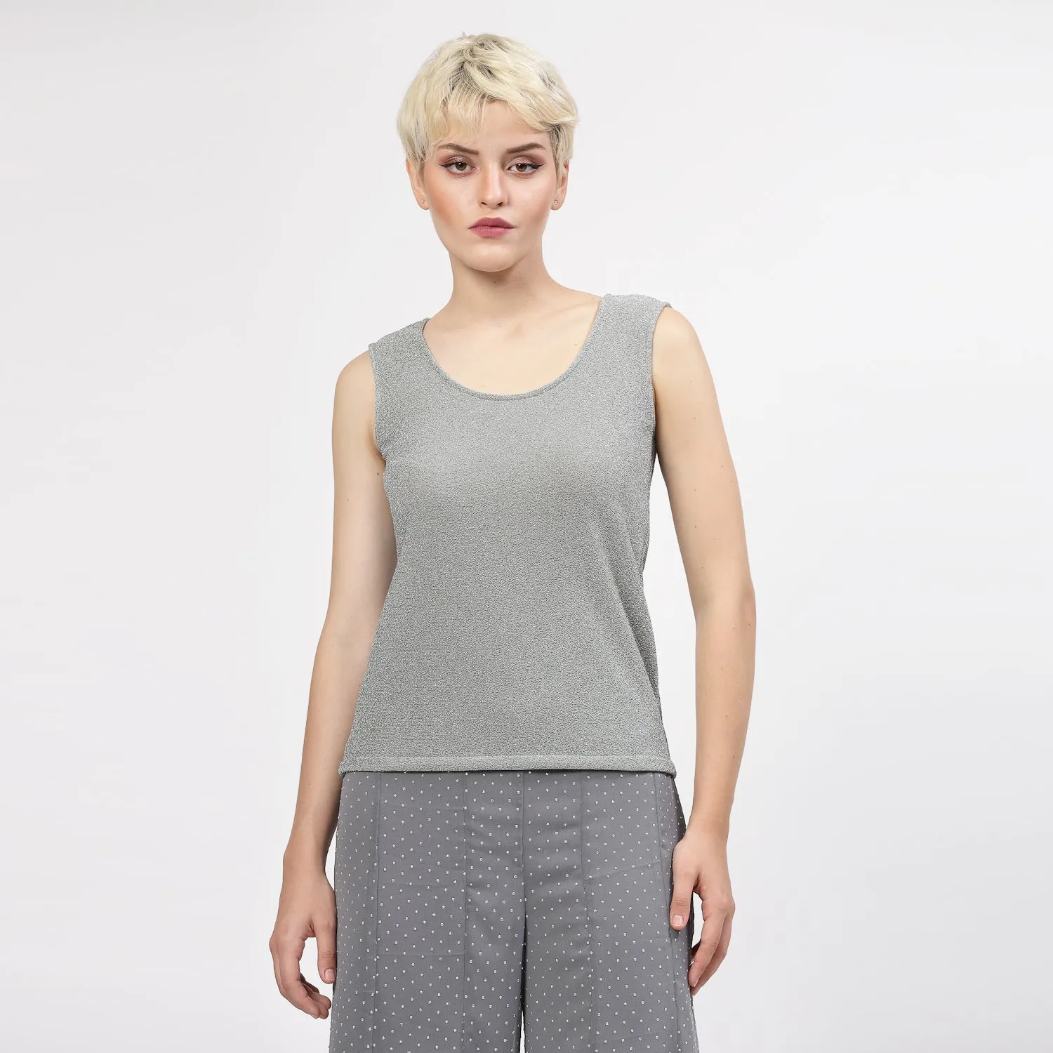 Grey Shimmer Without Sleeves Lycra Top