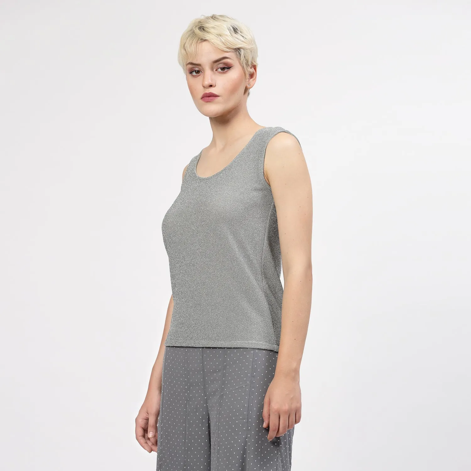 Grey Shimmer Without Sleeves Lycra Top