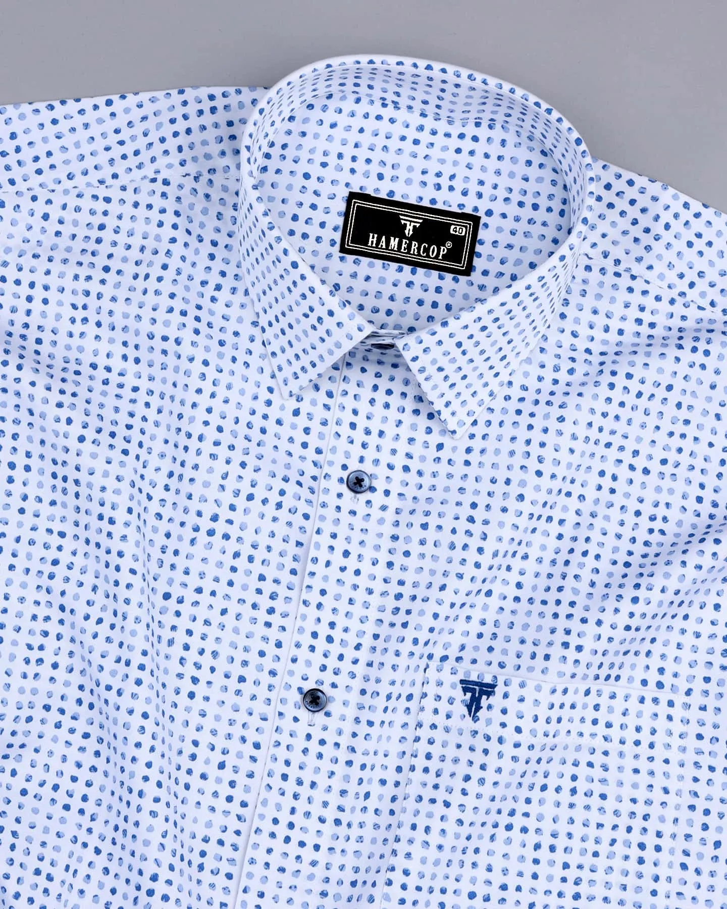 Pomos White With Blue Stone Printed Cotton Shirt
