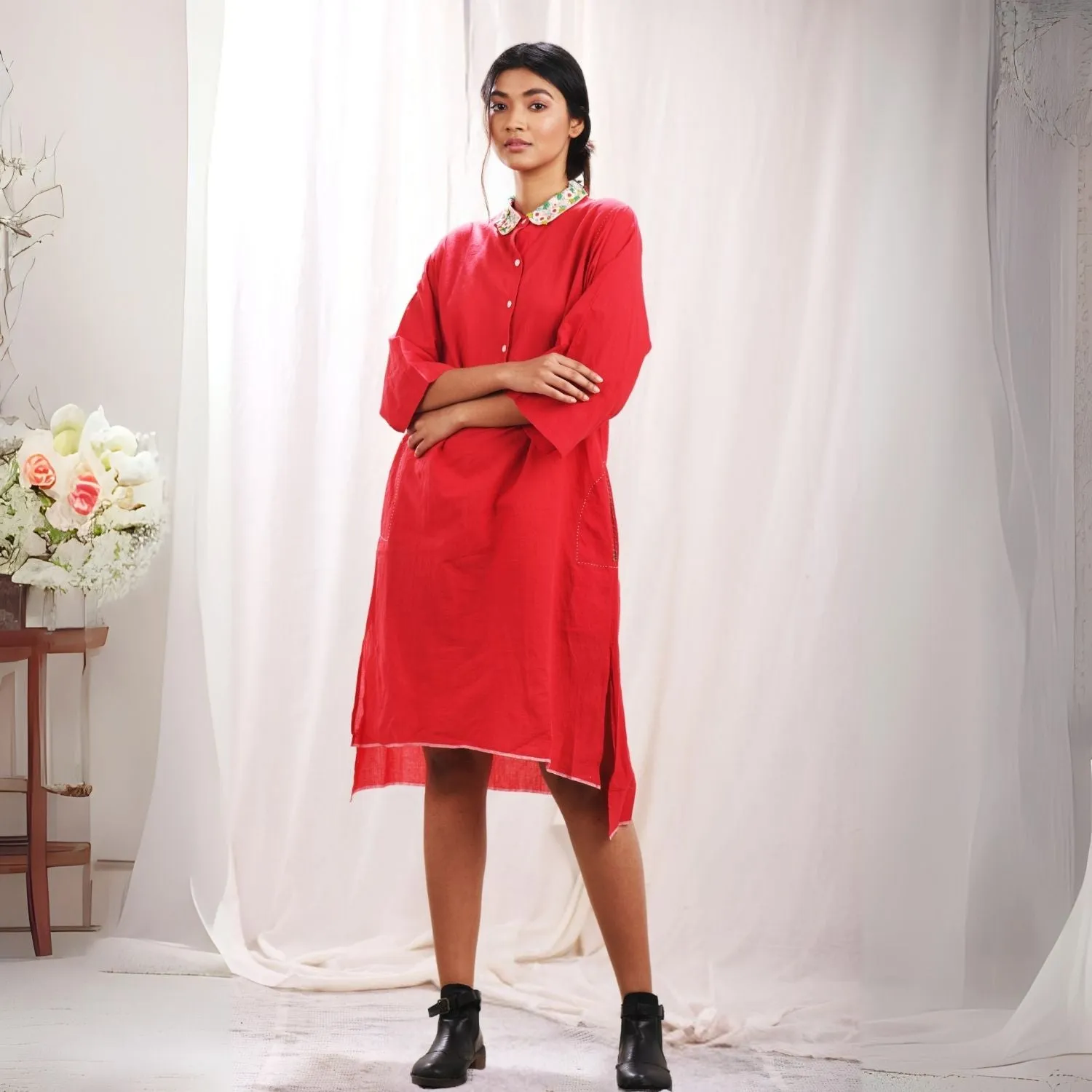 Red Peter Collar Dress | Feminine Design | Hand Embroidery | Muslin Cotton