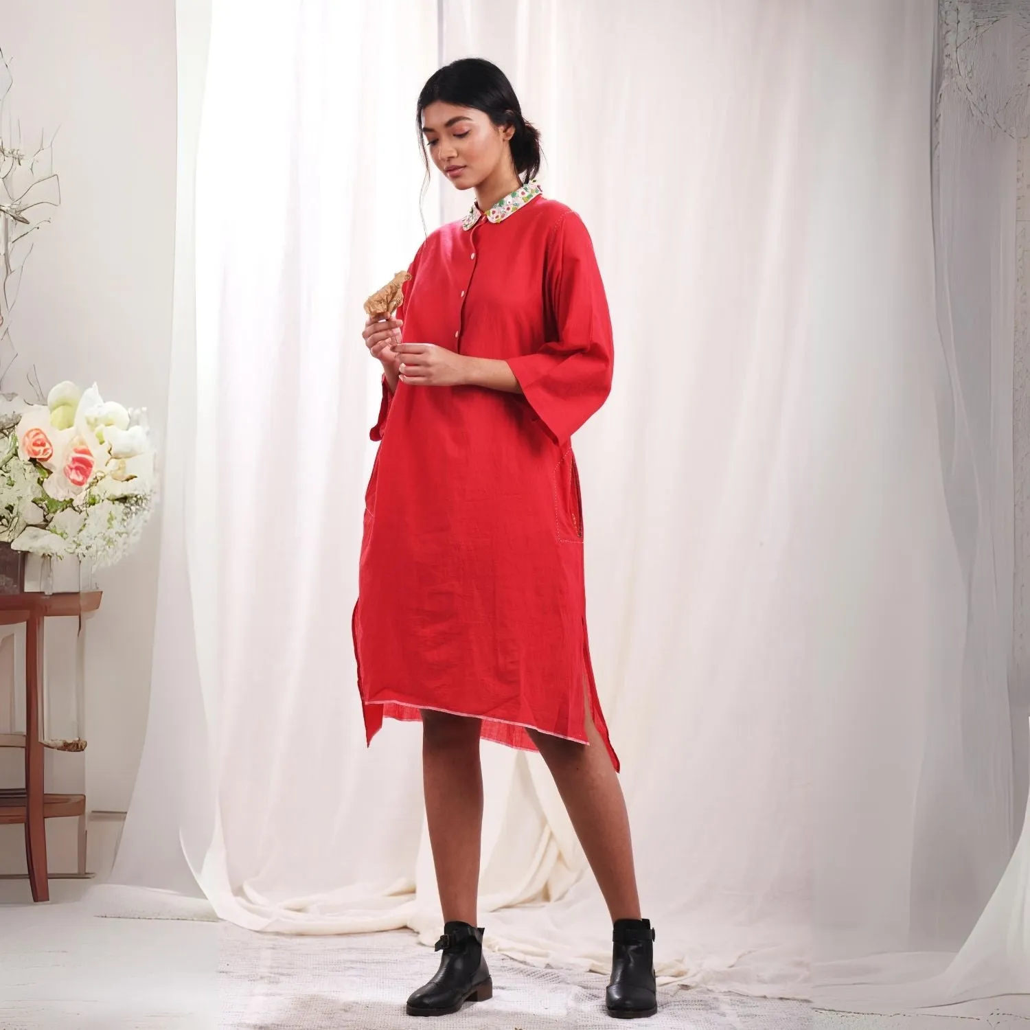 Red Peter Collar Dress | Feminine Design | Hand Embroidery | Muslin Cotton