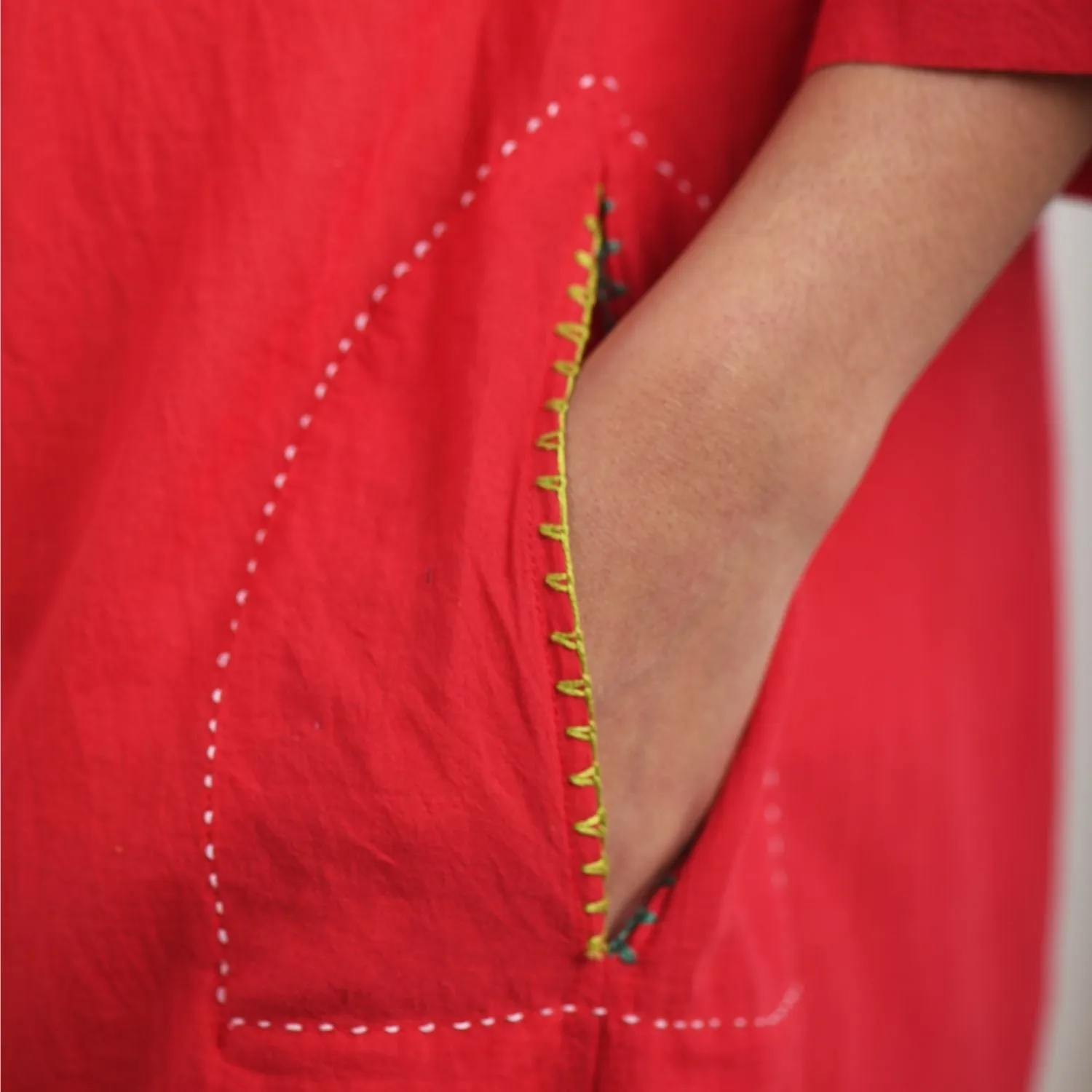 Red Peter Collar Dress | Feminine Design | Hand Embroidery | Muslin Cotton