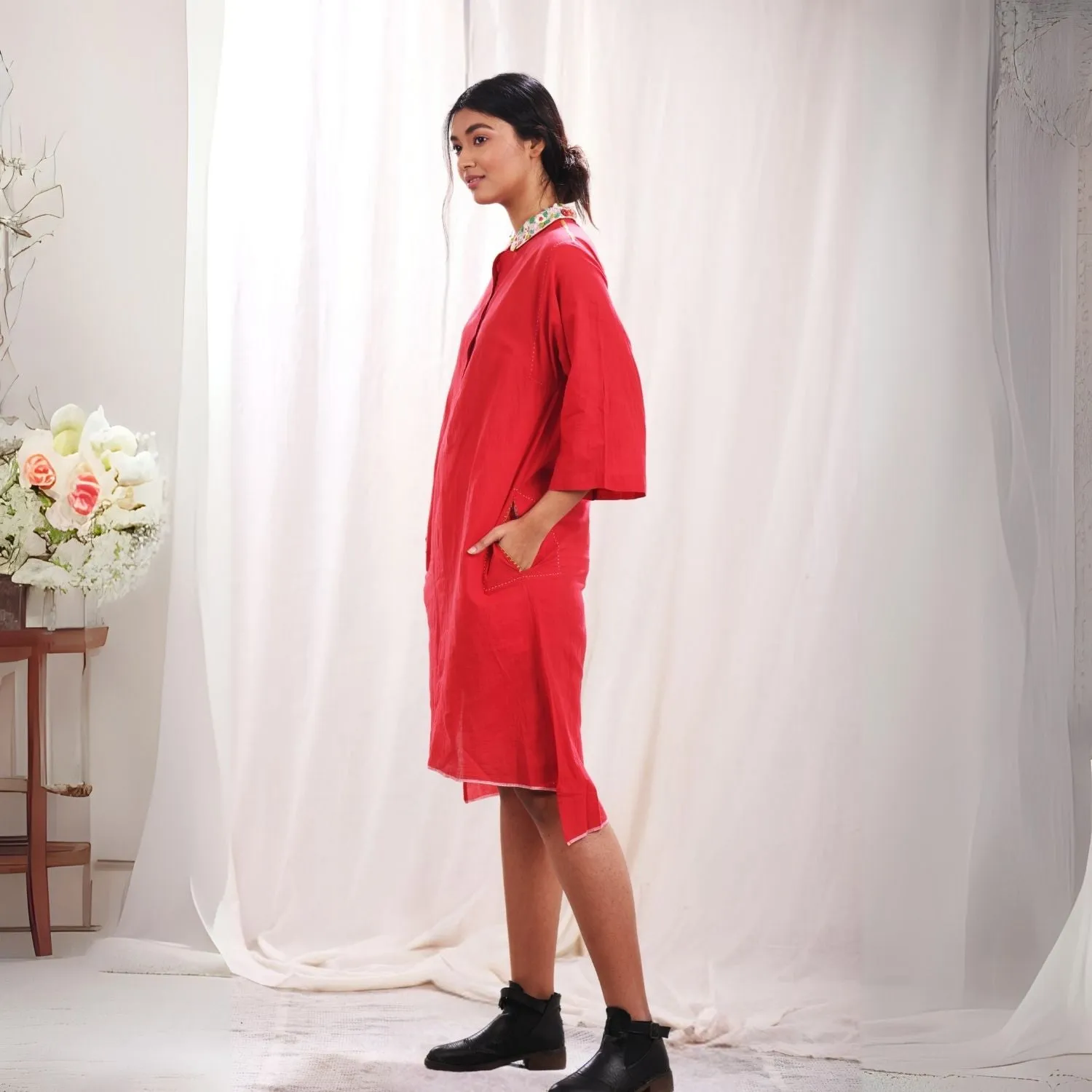Red Peter Collar Dress | Feminine Design | Hand Embroidery | Muslin Cotton