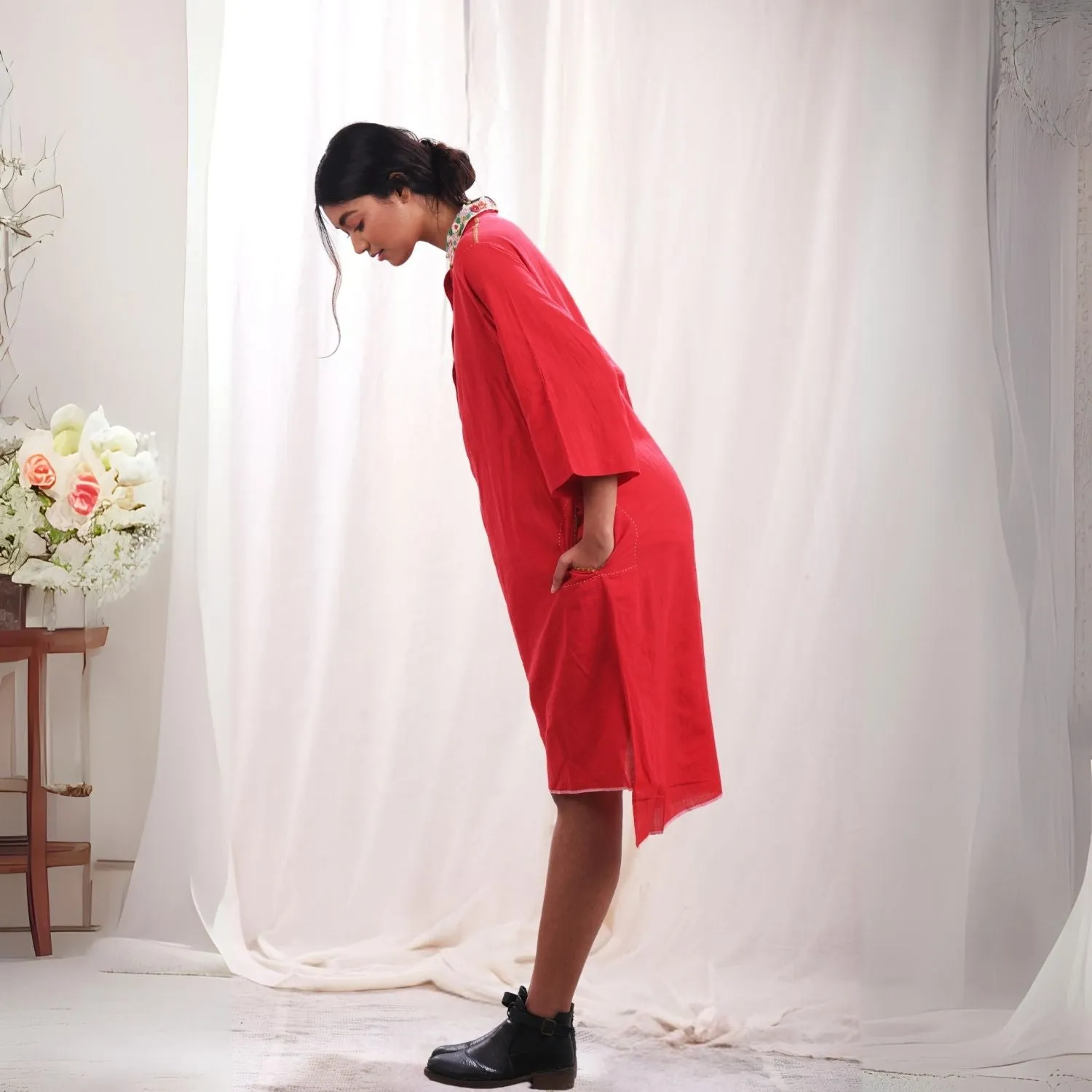 Red Peter Collar Dress | Feminine Design | Hand Embroidery | Muslin Cotton