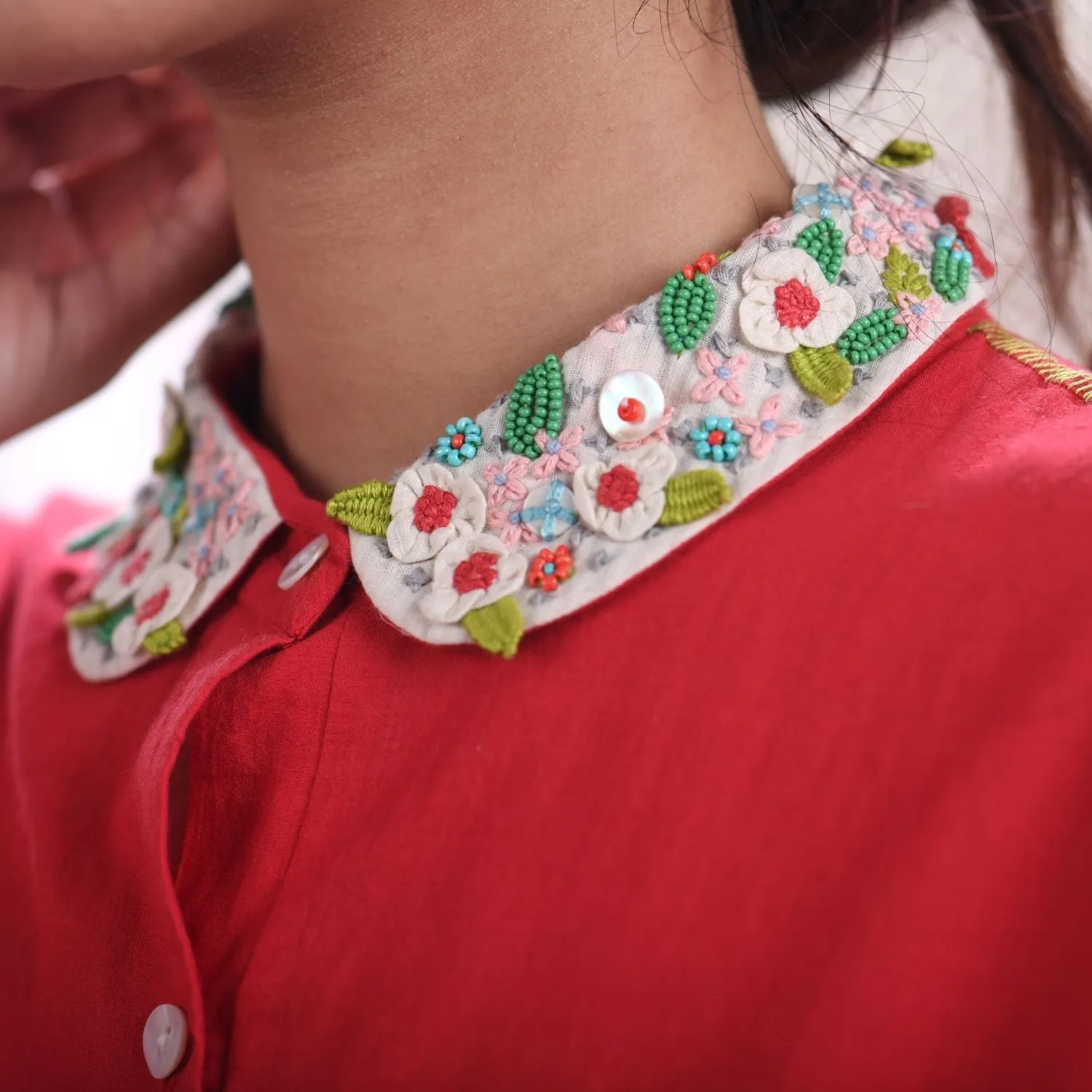 Red Peter Collar Dress | Feminine Design | Hand Embroidery | Muslin Cotton