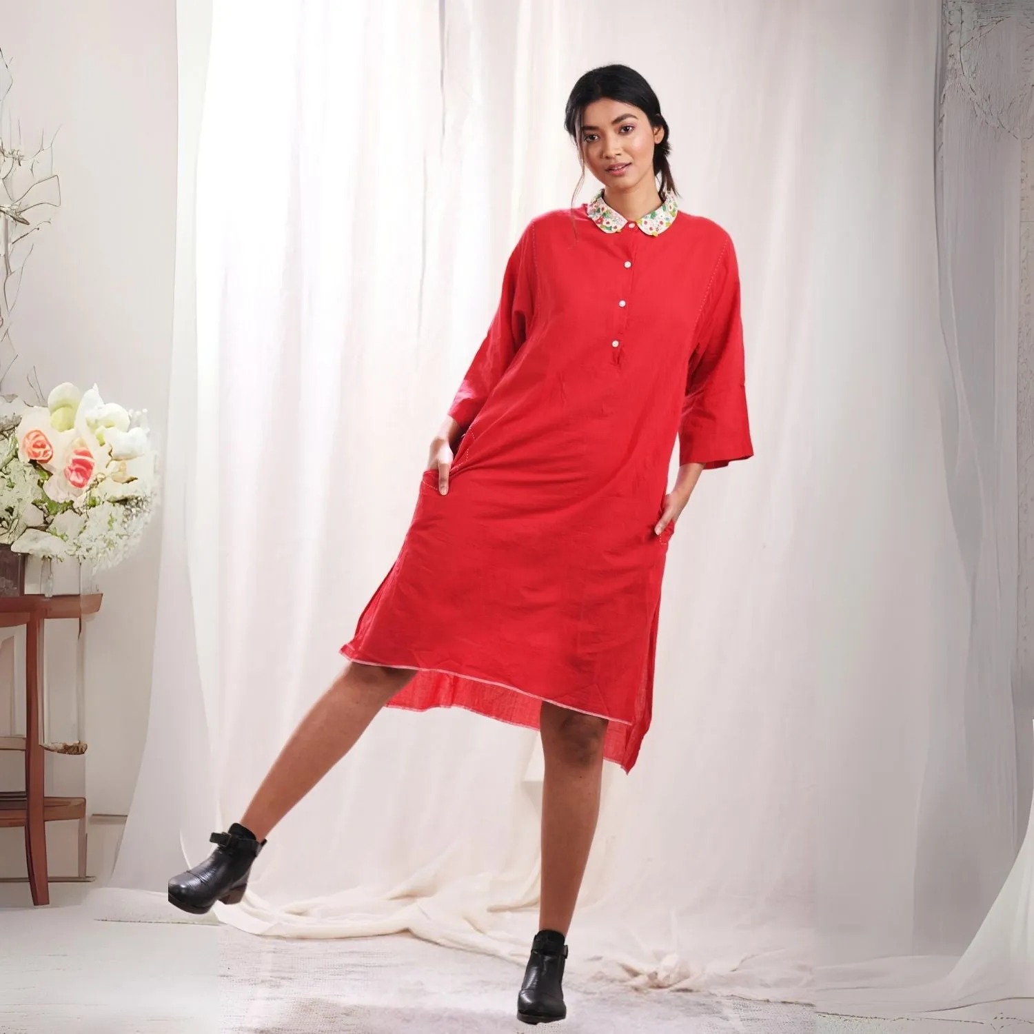 Red Peter Collar Dress | Feminine Design | Hand Embroidery | Muslin Cotton