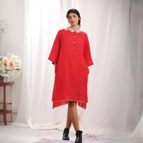 Red Peter Collar Dress | Feminine Design | Hand Embroidery | Muslin Cotton