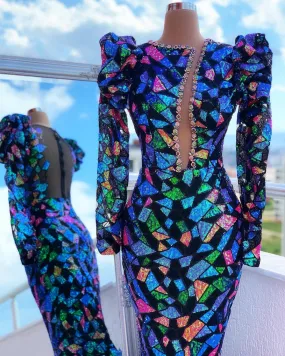 Savanna Multicolour Elegant Long Sleeves Evening Dress