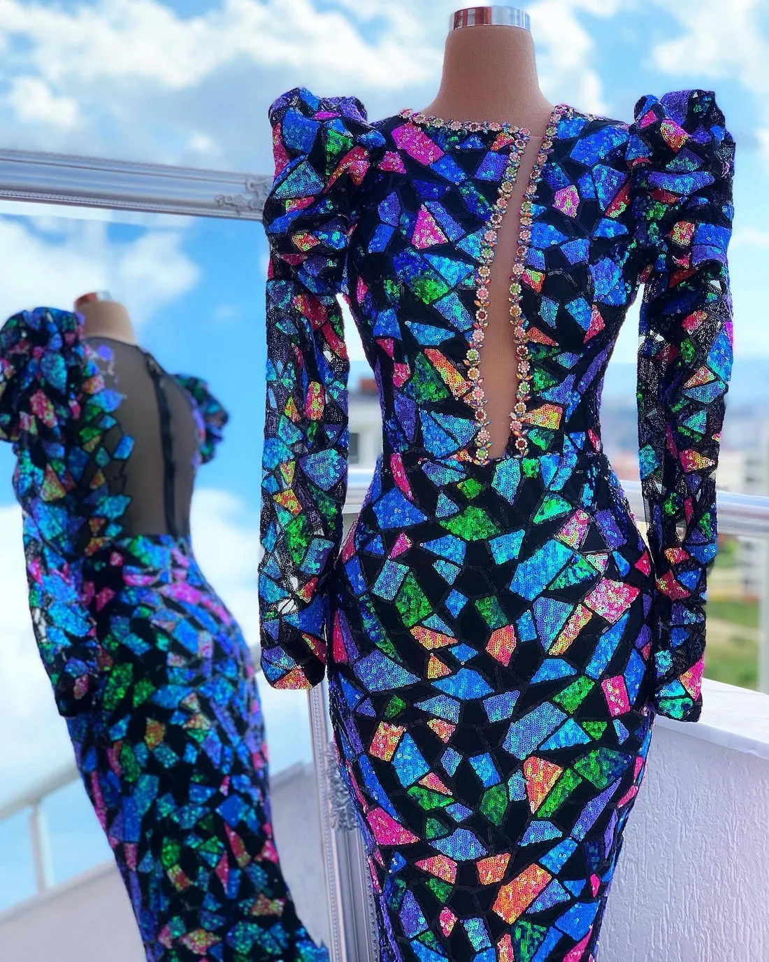 Savanna Multicolour Elegant Long Sleeves Evening Dress
