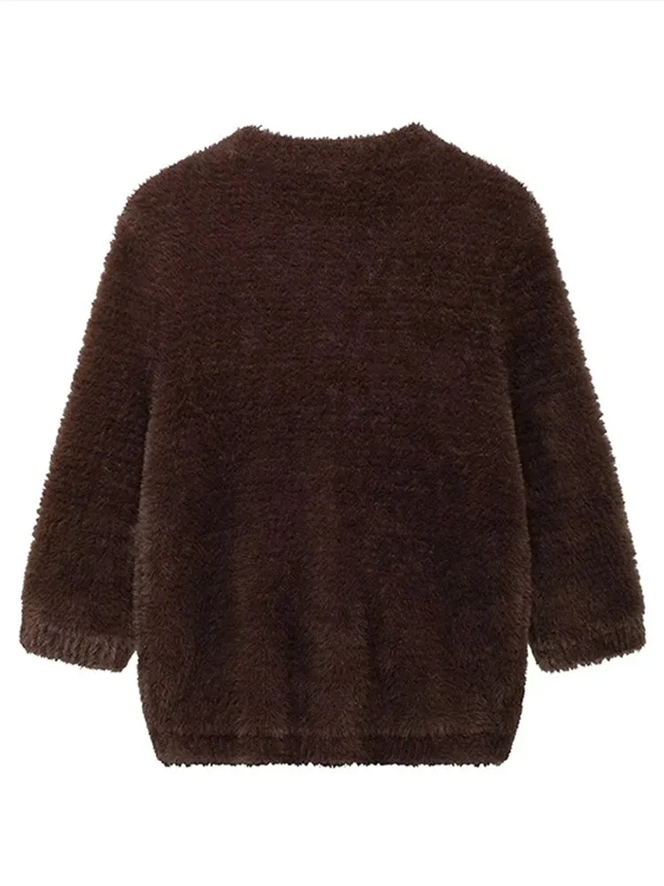 TAVIMART  -  Faux Fur Half Sleeve Cardigans Women Single Breasted O-neck Loose Casual Wine Red Sweater Female Furry Autumn Chic Tops