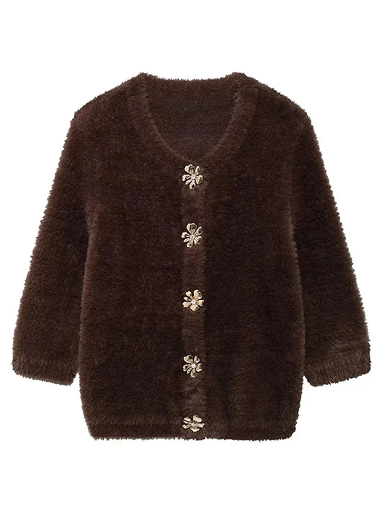 TAVIMART  -  Faux Fur Half Sleeve Cardigans Women Single Breasted O-neck Loose Casual Wine Red Sweater Female Furry Autumn Chic Tops