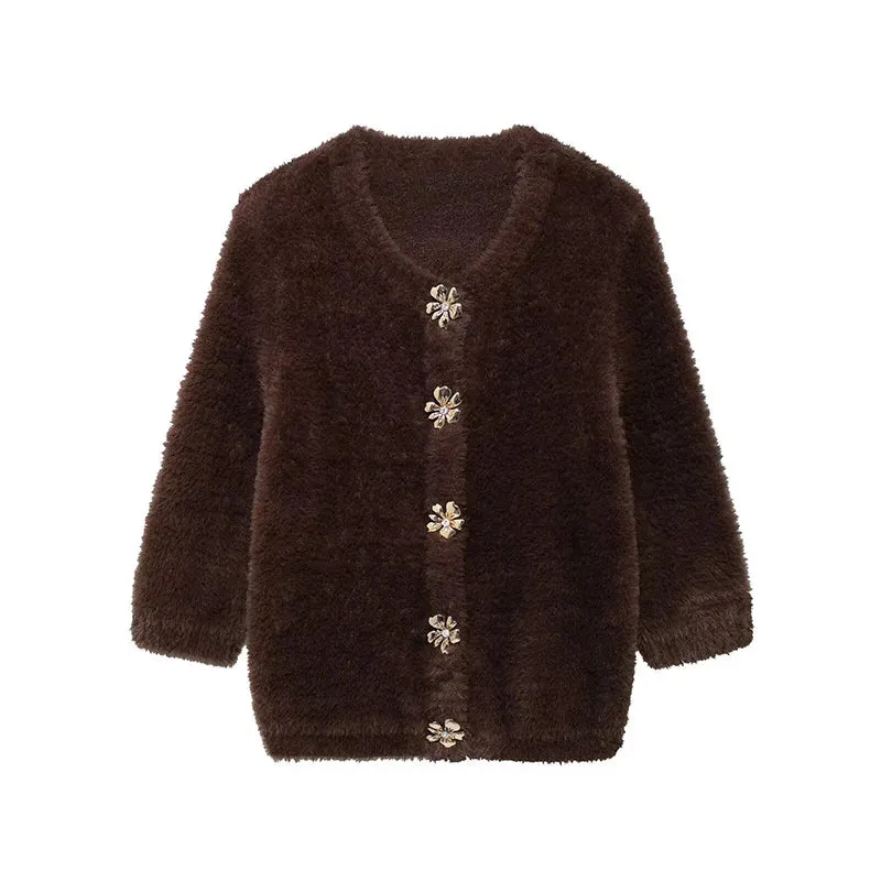 TAVIMART  -  Faux Fur Half Sleeve Cardigans Women Single Breasted O-neck Loose Casual Wine Red Sweater Female Furry Autumn Chic Tops