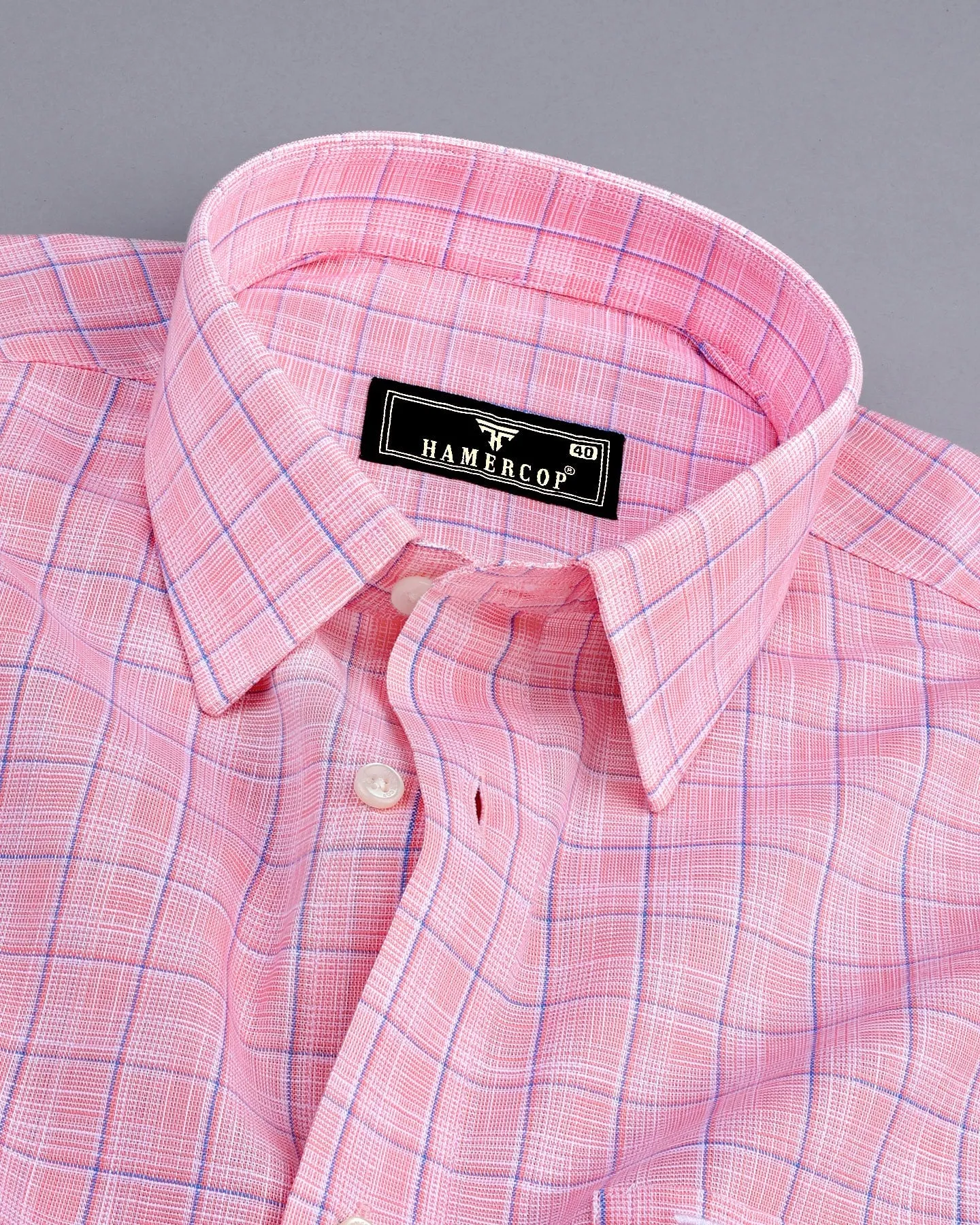 Travon Pink With Blue Check Amsler Linen Cotton Shirt