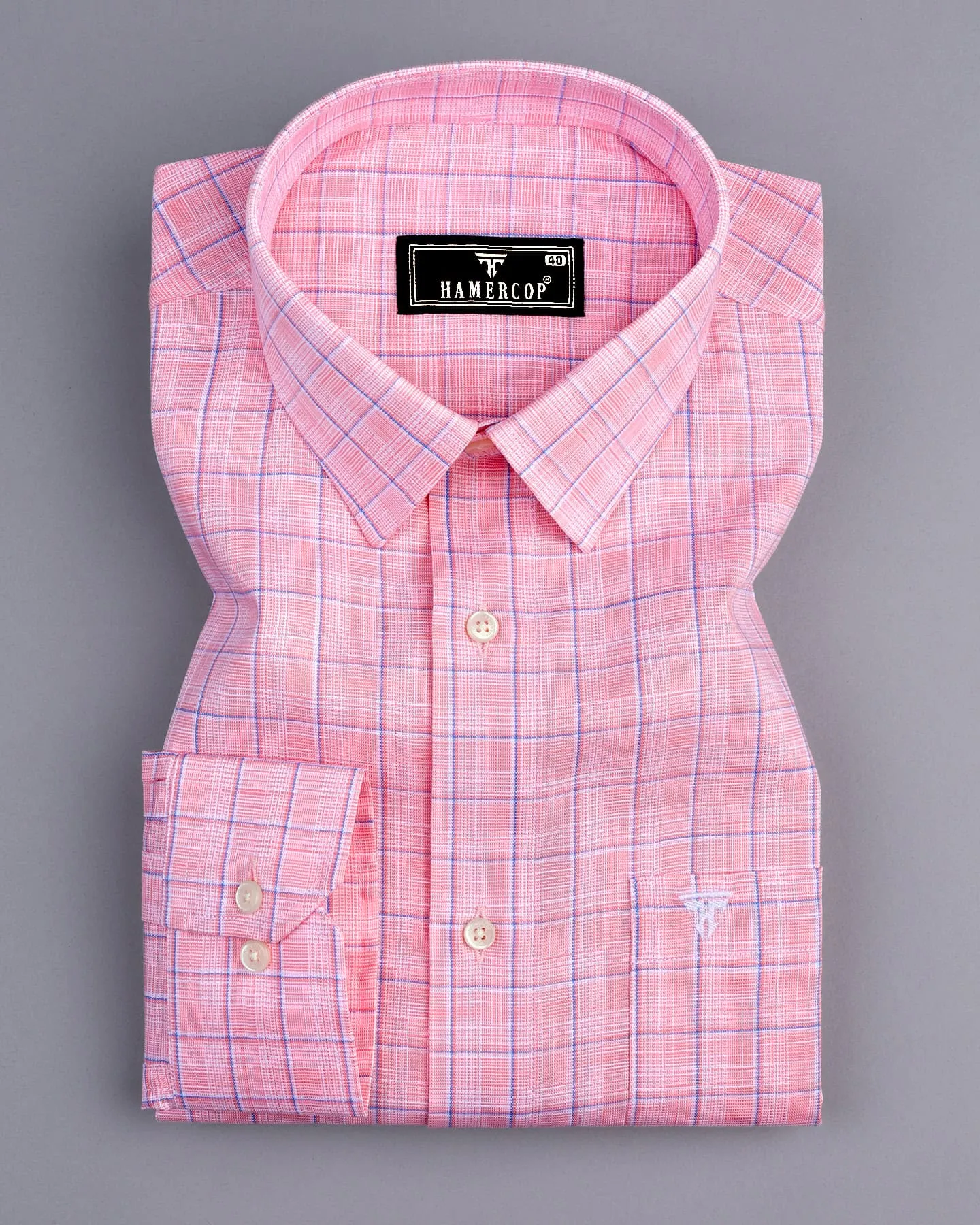 Travon Pink With Blue Check Amsler Linen Cotton Shirt