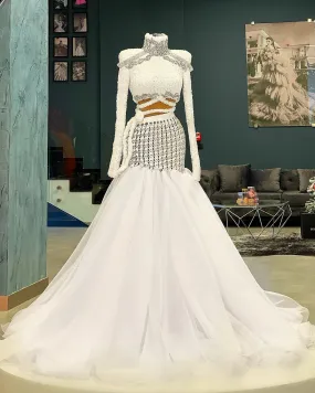 Virginia White Long Sleeves High Neck  Evening Dress