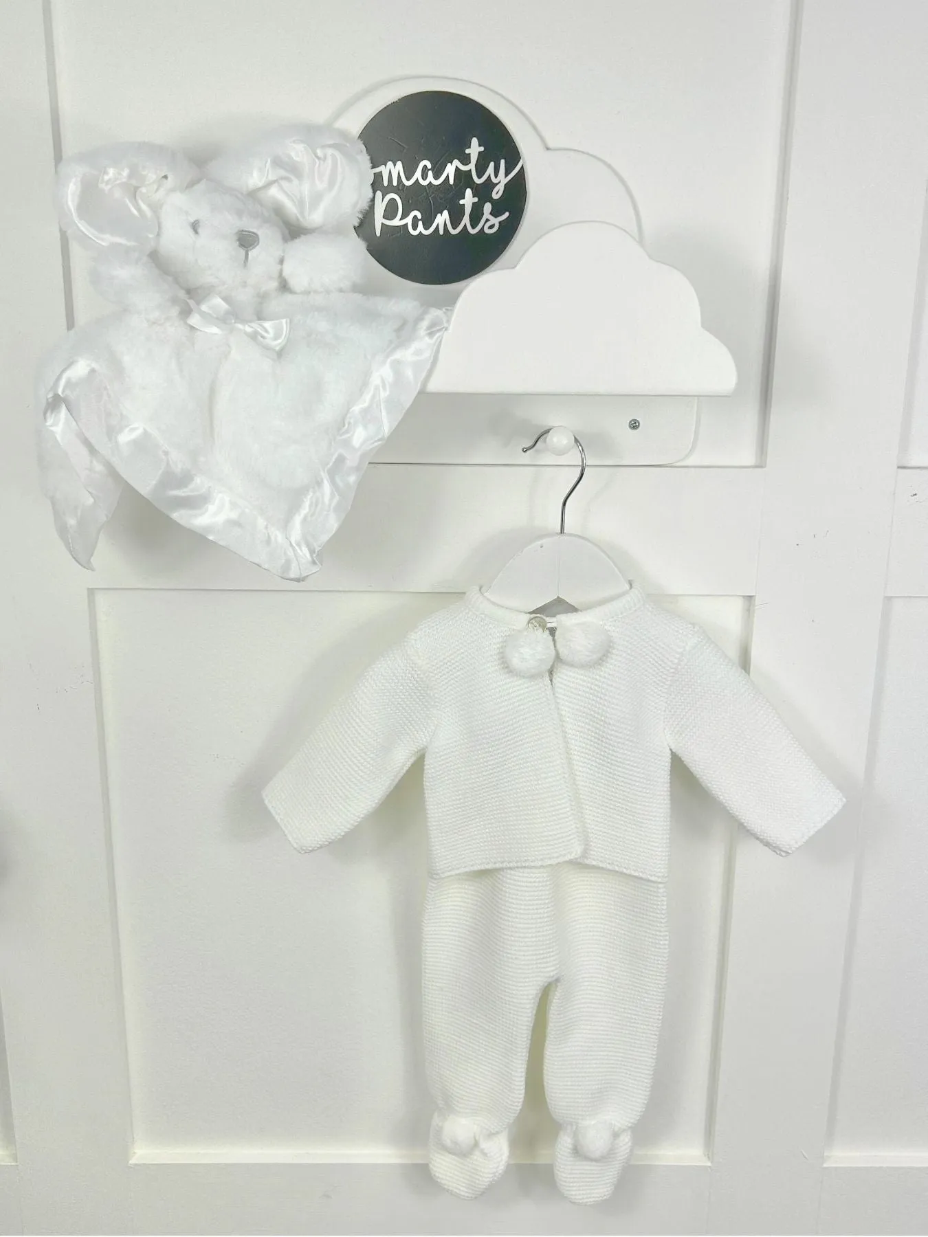 White Knitted Pom Pom Jacket and Trousers Set