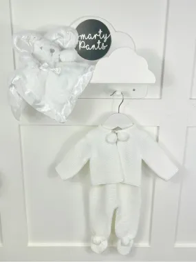 White Knitted Pom Pom Jacket and Trousers Set